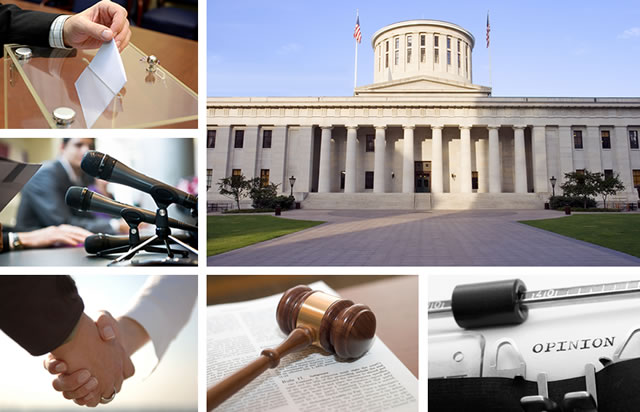 Collage of images includes ballot box, press conference, a handshake, a gavel on a legal document, and a typewriter with the word "opinion"